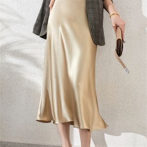 Women High Waisted Skirt Silk Satin Skirts ALine Elegant Skirts Summer Pink Midi Skirt Korean Style pencil skirt 220701