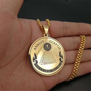 Pendant Necklaces Hip Hop Round Coin All Seeing Eye Of Providence Pendants For Women/Men Gold Color Stainless Steel Masonic JewelryPendant