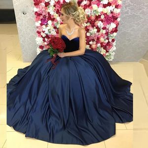 2022 Navy Blue Satin Ball Gowns Prom Dresses Velvet Sweetheart Top Evening Party Gowns Vestido De Gala