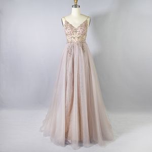 A-line Sleeveless Lace Prom Dresses V Neck Bling Chiffon Floor Length Party Evening Gowns Special Occasion Dress