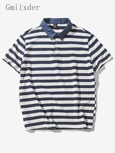 Men s T Shirts Gmiixder SS Japan Striped Short sleeved T shirt Men s Casual Shirt Oversize Denim Lapel Stitching Top Navy Blue T shi