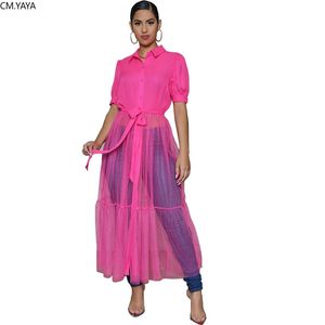 CM.YAYA Women Mesh See Though Patchwork Long Dress Streetwear Fashion Short Sleeve Blouses Maxi Dresses Vestidos 220516