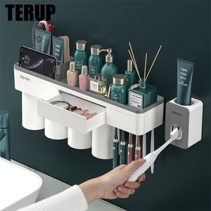 TERUP Toothbrush Holder Strong Adsorption Magnetic Cup Waterproof Free Punching Storage Rack For Home Bathroom Accessories Sets 220401