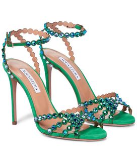 Elegant sommarmärke Tequila Sandaler Skor Dam Jewel Crystal Strappy Gladiator Sandalias PVC Läder Stilettklack Bröllopsfestklänning Kväll