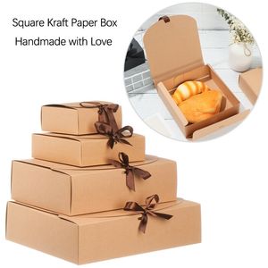 10pcs Square Kraft Paper Box Cardboard Packaging Valentines Day Wedding Easter Party Gift Box With Ribbons Candy Storage 220527