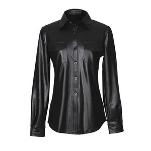 Vermelho preto faux couro blusa mulheres vire para baixo colarinho único-breasted botões de manga longa camisa escritório senhora pu tops blusa mulheres blusa s