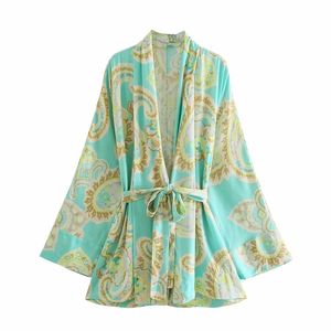 여자 인쇄 셔츠 대형 kimono long sleeves 패션 캐주얼 빈티지 세련된 여자 여자 셔츠 벨트 탑 210709