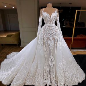 Eleganckie Suknie ślubne Mermaid Illusion Długie Rękawy Suknia Bridal Custom Made Lace Aplikacje z odpinanym pociągu Szata De Mariée