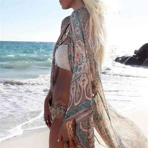 AYUALIN Chiffon a maniche lunghe Beach Boho Cover Up Camicetta Donna Vintage Kimono Cardigan Stampa floreale Top Blusas Femme Camicie lunghe 210412