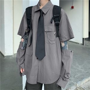 HOUZHOU Gray Shirts Women Harajuku Detachable Sleeve Oversized Bf Gothic Blouse with Tie Vintage Streetwear Punk Autumn Shirt 220727