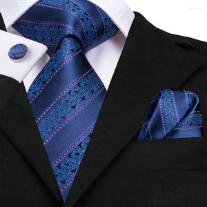 Bow Ties Navy Blue Striped Silk Wedding Tie For Men Handky Cufflink Gift Necktie Fashion Designer Business Party Dropship Hi-Tie Fred22