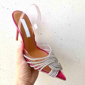 Kvinnors designer Rhinestone Crystal Embellished PVC Sandals 100mm High Heel Luxurys klänning Ankle Cross Strap Fashion High Heel Sandals med