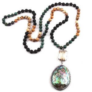 ペンダントネックレスファッションジュエリー108ビーズマルチストーンノットクリスタルリンクPave Sea Shell Necklace Wome Yoga Necklacentant