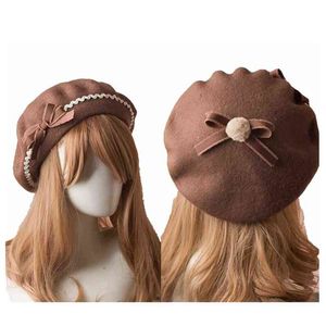 Moda Japońska JK Lolita Beret Hat for Women Girls Wool Kawaii Bow Feel Cape Cap Winter Warm Hats J220722