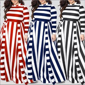Women's Sexy Plus size Dresses Women Loose Long Sleeves Round Neck Horizontal Vertical Stripes Plus -Size Dress Fashion Casual Wear