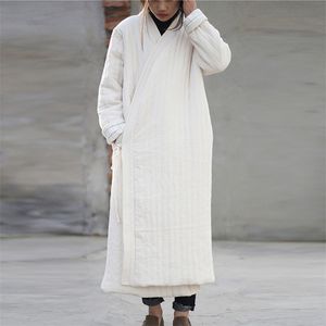 Johnature Women Cotton Linen Parkas Coats Winter Vintage Loose Lace Up Solid Close حجم كبير بالإضافة إلى المعاطف الطويلة القطن LJ201127