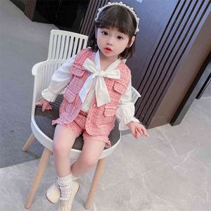 Barnkläder Plaid Vest Blus Short Girls Outfits Casual Style Barn Girl Clothes Spring Autumn Children's Clothes 210412