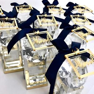 50шт персонализированные свадебные лазерные название квадратные теги Серебряное золото зеркало Подарочная коробка Подарочная коробка подвесные теги для крещения декор 220608