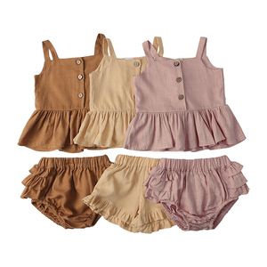 夏のベビー服セットフリルサスペンダートップラフされたショートパンツ幼児の女の子コットンリネン衣装2pcs/set m4157