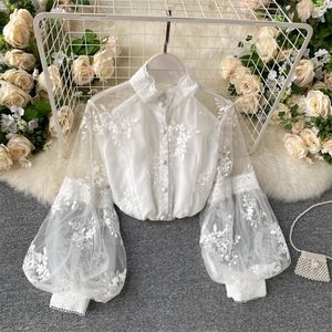 Women French Mesh Lace Blouse Stand Collar Three-dimensional Embroidered Puff Sleeves Court Style Slim Shirt Female Blusa PL610 210308