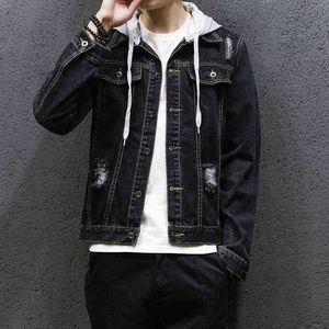 Hooded Denim Jackets Men Black New Japan Style Hip Hop Design Streetwear Jacket With Hat Hoody Outerwear Coats 5XL L220704