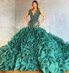 2022 Plus Size Arabic Aso Ebi Hunter Green Mermaid Prom Dresses Lace Beaded Evening Formal Party Second Reception Birthday Engagement Gowns Dress ZJ57