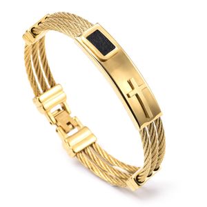 Gold Silver 316L Aço Inoxidável Multicamada Fio de Cabo Cuff Bangle Cross ID Bracelet para Mulheres Mens