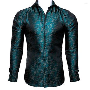 Camisas de vestido masculinas Barry.wang Teal dourado de seda floral de manga longa camisa de flor casual para designer fit bcy-0023men's