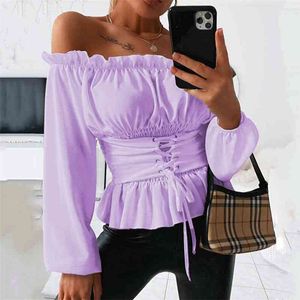 Mulheres outono Solid Off Blouse Shirt Sexy Slash pescoço de manga longa Lace para cima Blusas de espartilho BLUSAS MUJER DE MODA 210401