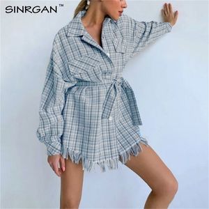 Sinrgan Women Winter New Tassel Dress Clothing Blue Plaid Woolen Jacket Loose Outfit Casual Ladies Tops Outerwear 201008