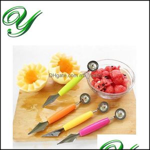 Vattenmelon skivare Fruit Carving Tool Ice Cream Dual Baller Scoops Rostfritt stål Pitaya Vegetabiliska verktyg Sallad Spoons For Drop Delive Delive