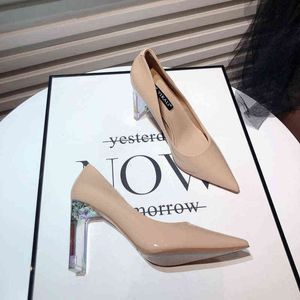 Nude High Heels 2022 Spring Fashion Women Shoes Transparent Crystal Thick Heel Patent Leather Professional Shoes Women Pumps G220425