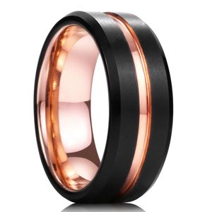 Wedding Rings Fashion 8mm Men Black Brushed Stainless Steel Ring Rose Gold Line Groove Beveled Edge Engagement Band WholesaleWedding