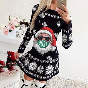 Casual Dresses Print Christmas Sticke Dress Women 2022 Autumn Winter Sexig Mini Long-Sleeve O-Neck varm #f