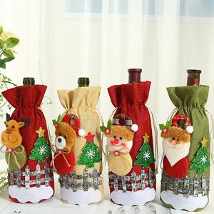 Koşum Ipliği Şarap Torbaları toptan satış-Noel Dekorasyonları Keten Kar Karikatür Drawstring Şarap Şişesi Kapak Ekose Bebek Çanta Masa Dekorasyon Ev Dekorasyon Şemdarları Dekorasyonlar