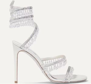 2022 Summer Cleo Crystals zdobione sandały na obcasie Rhinestone białe buty wieczorowe damskie buty na wysokim obcasie luksusowi projektanci Wraparound Dress shoe