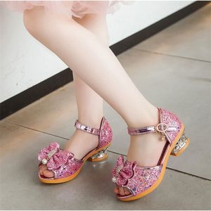 Barnskor Summer Casual Glitter Bowknot Spring High Heel Girls Shoes Fashion Princess Dance Party Sandaler 220621