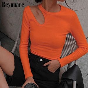 Beyouare Sexy Hollow Out Women T Shirt Casual Round Neck Long Sleeve Skinny Cropped Tops Autumn Solid Elegant Basic Tees 220321