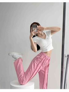 Jeans de costura de costura rosa Jeans de jeans Summer Summer Nova cintura alta solta perna larga perna larga calça jeans feminina T220728