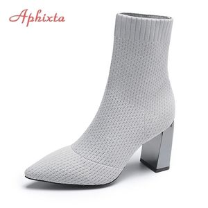 Aphixta Gray Fabrics Sock Boot Shoes Elastic Stretch Knit Bling 8cm Metal Square Heel Ladies Plus Size 41 211105