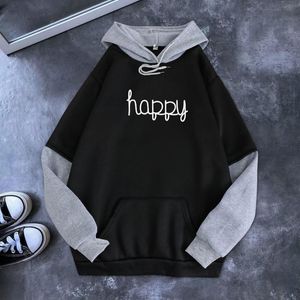 Kadın Hoodies Sweatshirtler Mutlu Mektup Baskı Sweetshirts Erkek Kadınlar Sonbahar Kış Büyük Boy Kadın Dikiş Gevşek Cep Çekme