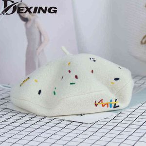 Coreano Autunno e Inverno Nuovi Graffiti Berretti di lana ricamati Donna Berretto di lana Laies Cappello da artista di moda Cappello di lana J220722