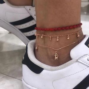 Summer Multi-layer Metal Beaded Anklets for Women Cat Pendant Red Beads Ankle Gold Color Beach Bracelet