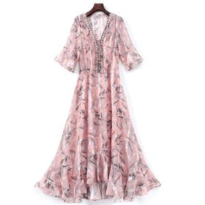 Party Dresses Womens Summer Long Skirt V-Neck Short Flared Sleeves Flower Beaded Two-Piece Floral Chiffon Plus Size Pink Printed Holiday Dre