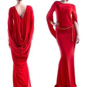 Sexy Open Back Red Evening Dresses For Women Spring Autumn Chic Ruched Long Sleeve Mermaid Prom Celebrity Party Gowns Floor Length Elegant Special Ocn Wear