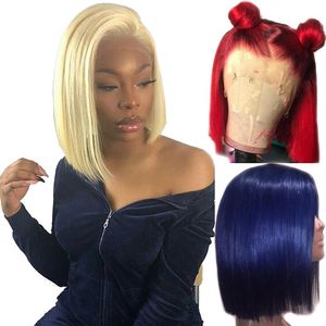 Wholesale 13x6 bob wig resale online - 613 Blonde x6 Lace Front Wig Blue Colored Remy Red Human Hair Full Ends Transparent Frontal Closure Swiss Lace Short Bob Wigs2424