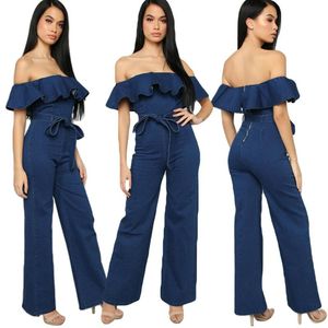 Kvinnors jumpsuits rompers mode kvinnor blå denim av axel jumpsuit ruffle bälte breda ben byxor lekdräkt sommar romper blixtlås bodysuit