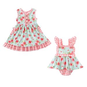 GIRLYMAX SIBLIBLING Wiosna Lato Baby Baby Sukienka tkana Romper Tutu Rainbow Floral Watermelon Kids Odzież 220620