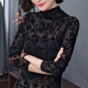 Hollow Out Women Spring Autumn Style Lace Blouses Shirts Casual Long Sleeve Turtleneck Leaf Embroidery Blusas Tops 210226