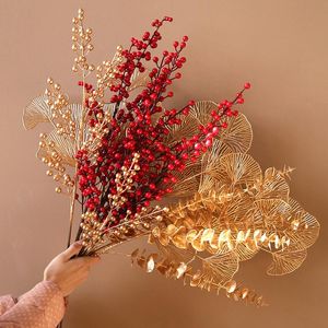 Decorative Flowers & Wreaths Golden Artificial Eucalyptus Leaf Fan Fake Red Fruit Flower For Wedding Home Christmas Decoration PlantDecorati